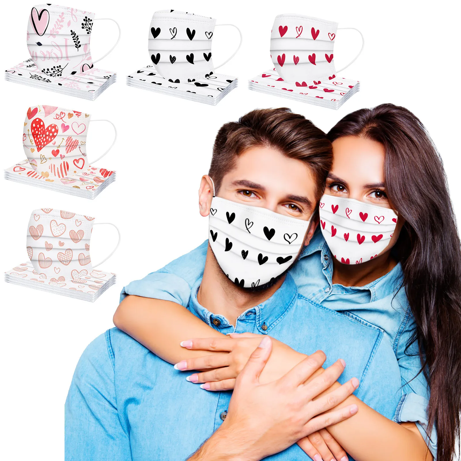 

Headband 50PC mscara Mixed Adult Valentine's Day Printing Breathable Disposable 3-layer Mask mascara protectora Maske