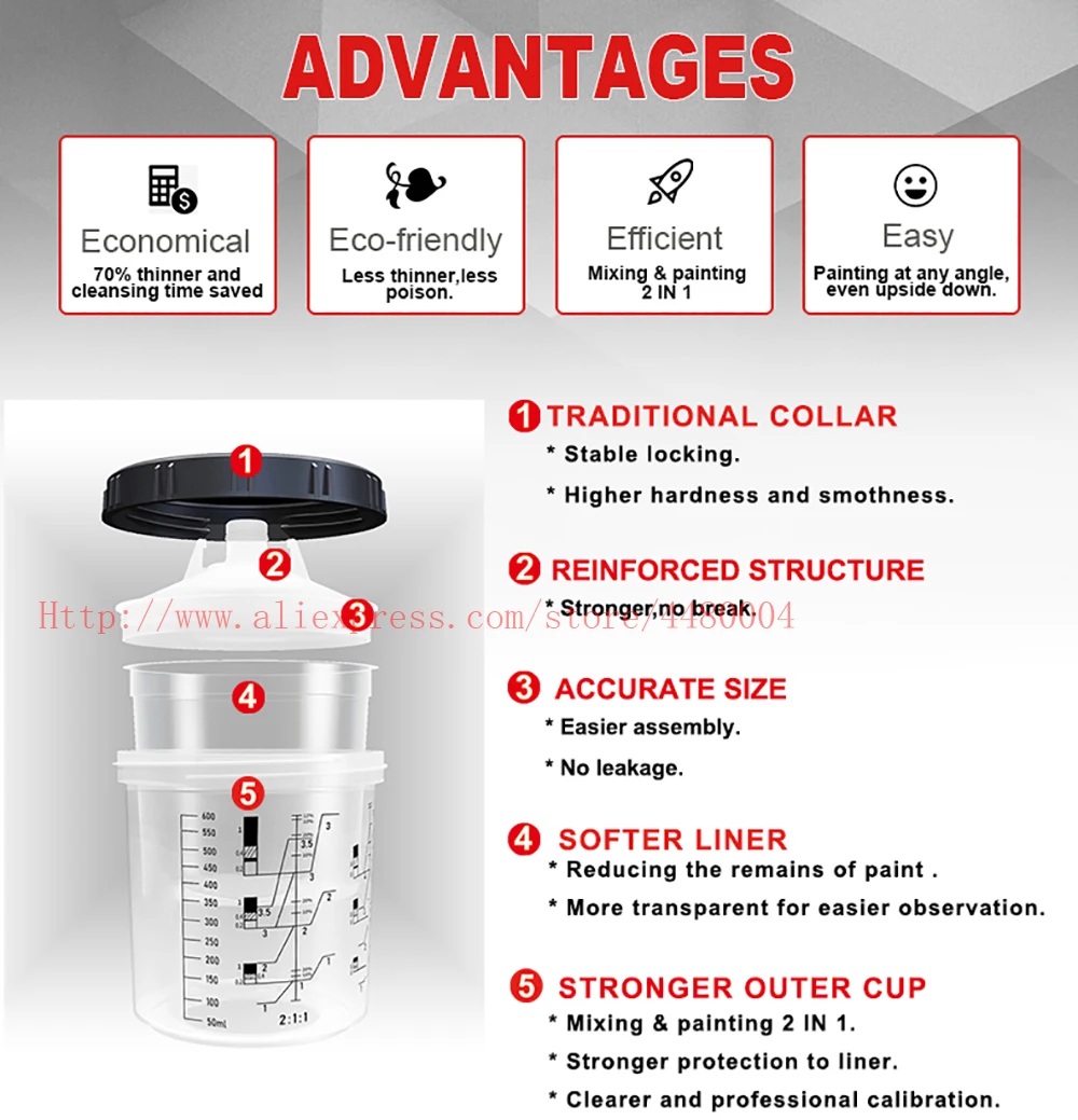 

Paint Mixing Cup PPS Type H/O Quick Cup Hard Cup Inner Cup Lids 160ml 400ml 600ml 800ml Spray Gun KIN