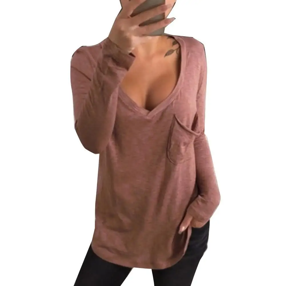 

Топ женский однотонный с длинным рукавом, модная свободная футболка с V-образным вырезом и карманами, повседневная одежда, лето 2021