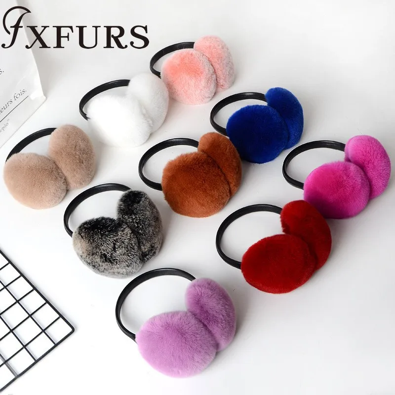 FXFURS/ женские модные меховые наушники с кроликом Рекс, с кожаной полкой, зимние теплые меховые наушники для девочек, меховые наушники