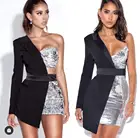 Зима 2021, новинка, модное женское пикантное облегающее мини-платье с поясом, V-образным вырезом, одним открытым плечом, длинным рукавом и блестками, модное платье знаменитости