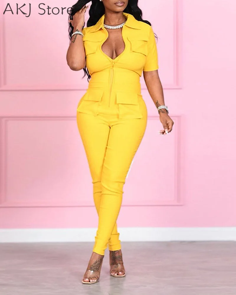

Women Solid Color Turn-Down Collar Skinny Jumpsuit Zipper Pockets Design Short Sleeve Romper Overalls Outfits