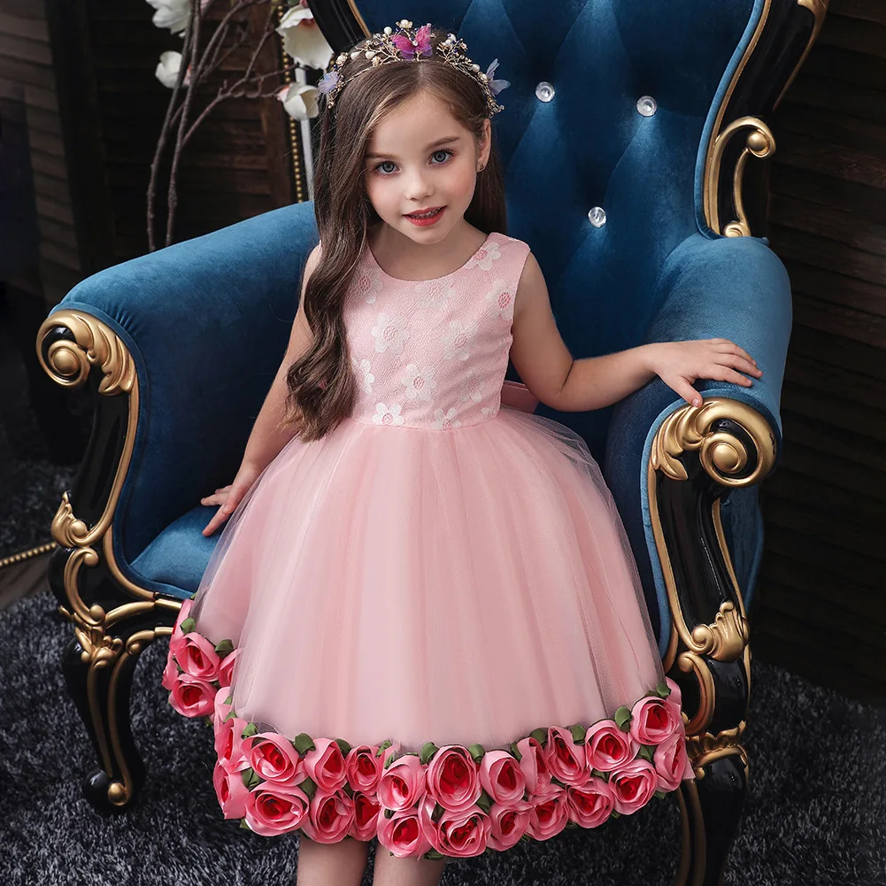 

Flower Girl Dress with Flowers Ribbons for Girls Wedding Ceremonious Dresses Children Birthday Party Ball Gown Kid Girl Clothing