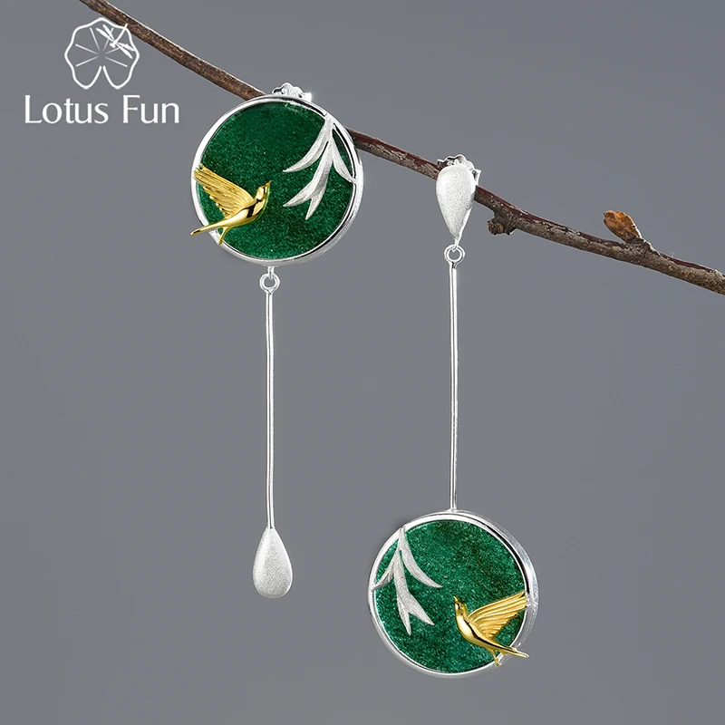 

Lotus Fun Natural Stone Drop Earrings Real 925 Sterling Silver Swallow and Willow in Spring Wind Earrings for Women Fine Jewelry