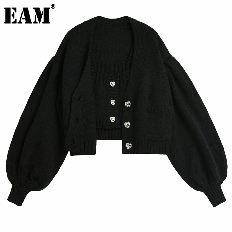 

[EAM] черный вязаный кардиган большого размера, свитер, свободный крой, v-образный вырез, длинный рукав, Женская Новая мода, Осень-зима 2022, 1DE4079