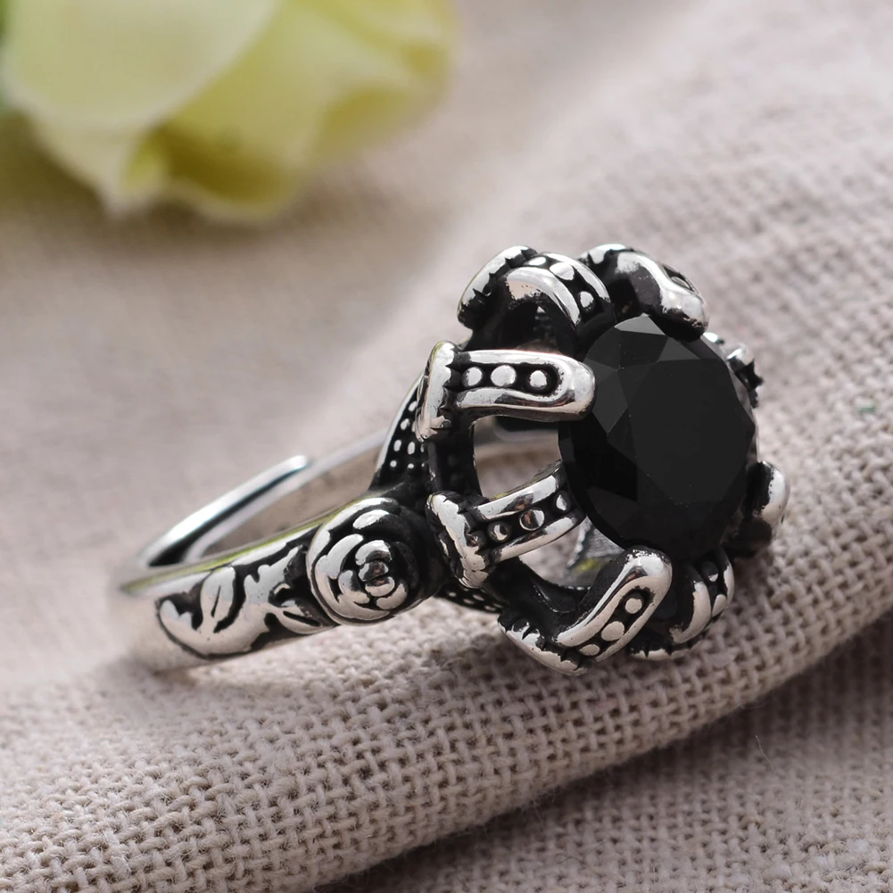 

New Arrival Original Big Black Crystal Flower Thai Silver Unisex Ring Wholesale Man Women Party Gift No Fade