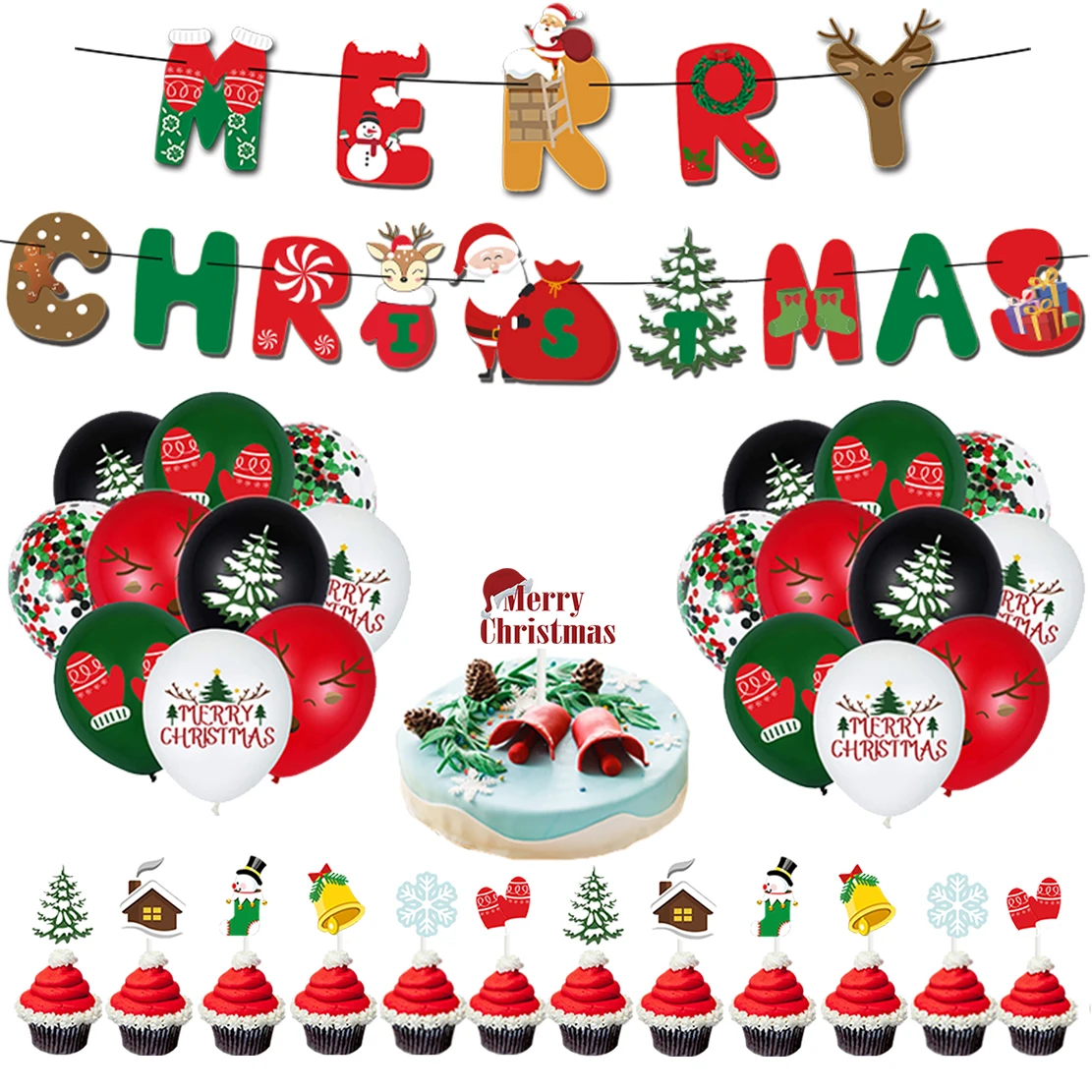 

Merry Christmas Banner Balloons Cake Topper Ornaments Christmas Cake Decoration for Home Xmas New Year Party Decoration Supplies