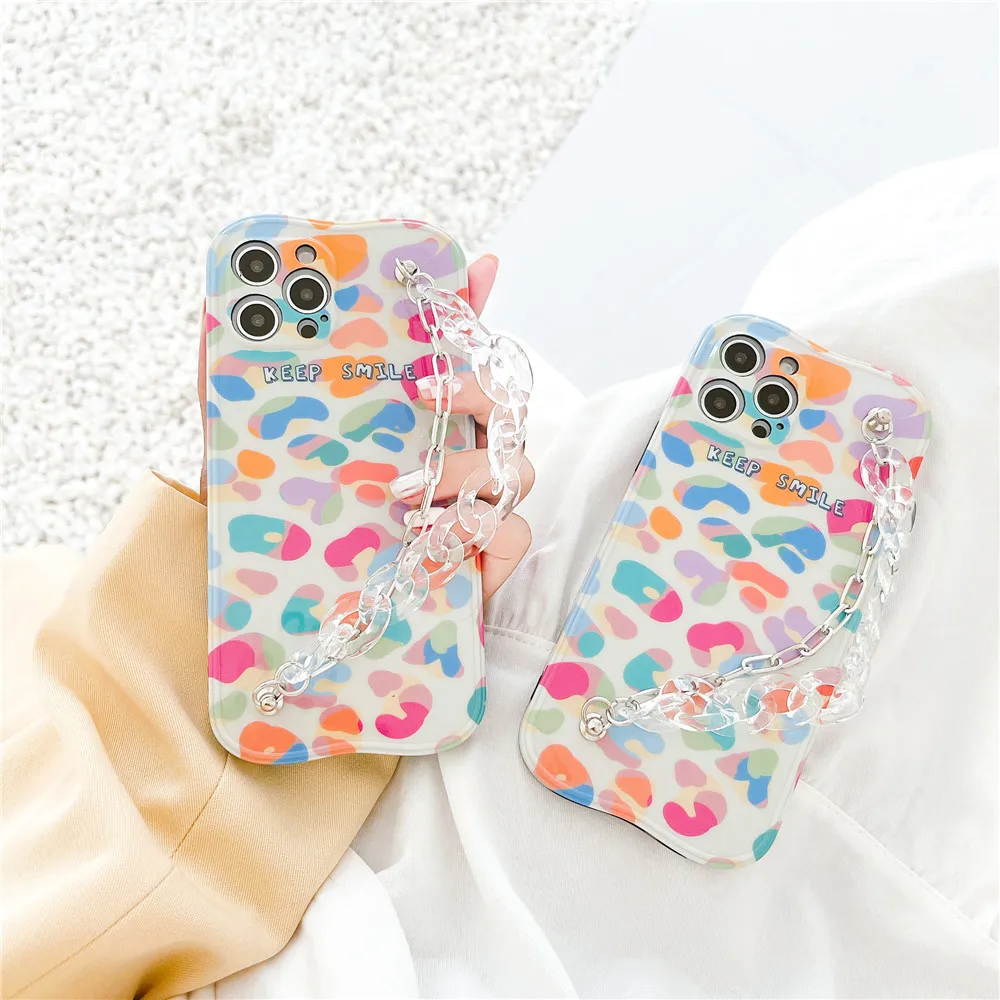 

Colour Leopard Print Cartoon Phone Case For iPhone 12 11 PRO MAX XS X XR 7 8 PLUS Silicone Soft Protective Cover With Bracelet