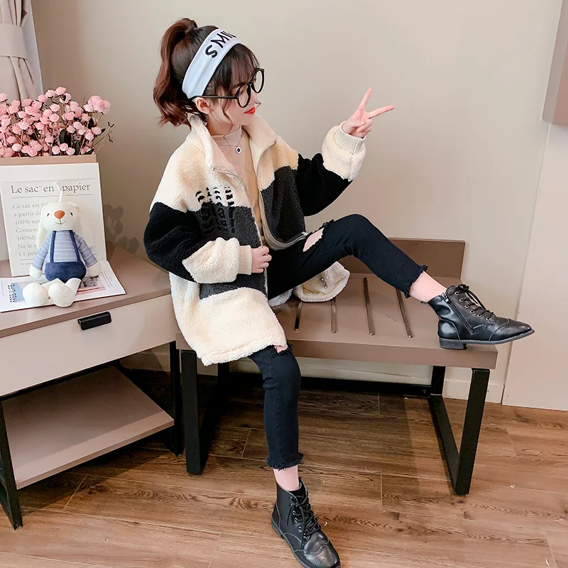 

Teen Kids Casual Sport Top New Fall Winter Girl Fashion Patchwork Jacket Children Turtleneck Lamb Wool Coat Thick Warm Outerwear