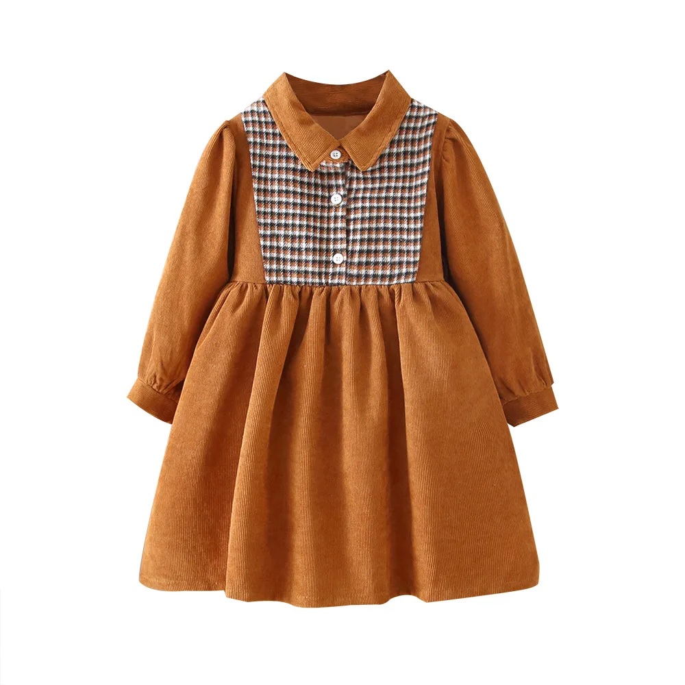 

Girls' Clothes 2020 Autumn New Fashion Girl Long-Sleeved Dress Children's Lapel Plaid Cotton Stitching Elegant Princess Dress