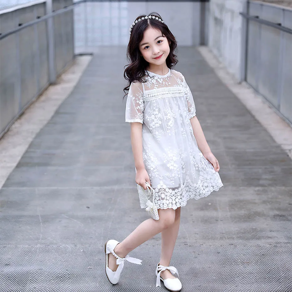 Summer Dress Girl White Color Dresses For Casual Style Kids Flower Embroidery Childrens Clothing | Детская одежда и обувь
