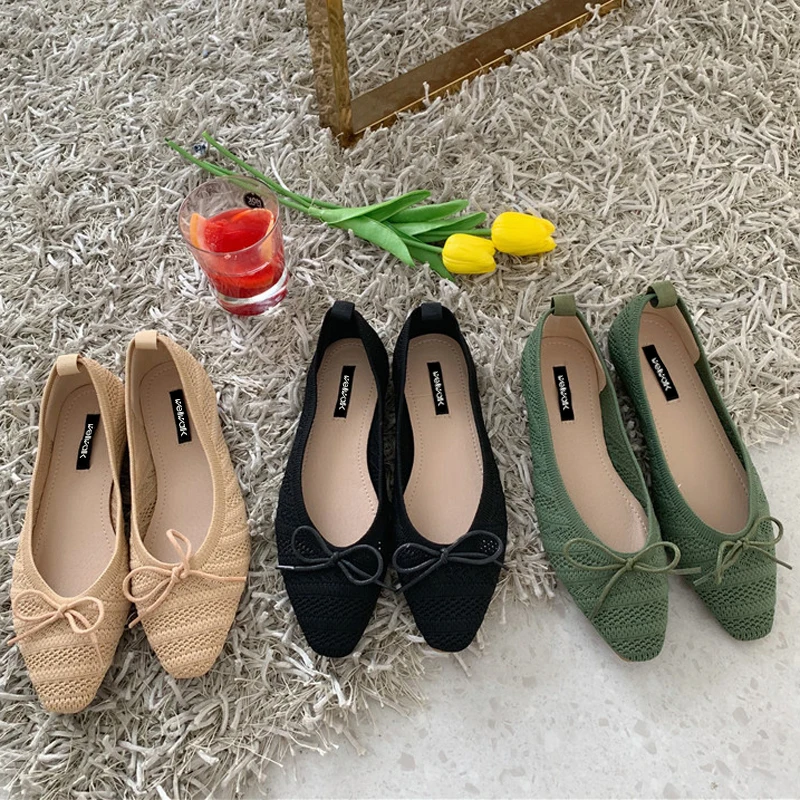 Женские балетки на плоской подошве туфли с бантом и квадратным носком мягкие