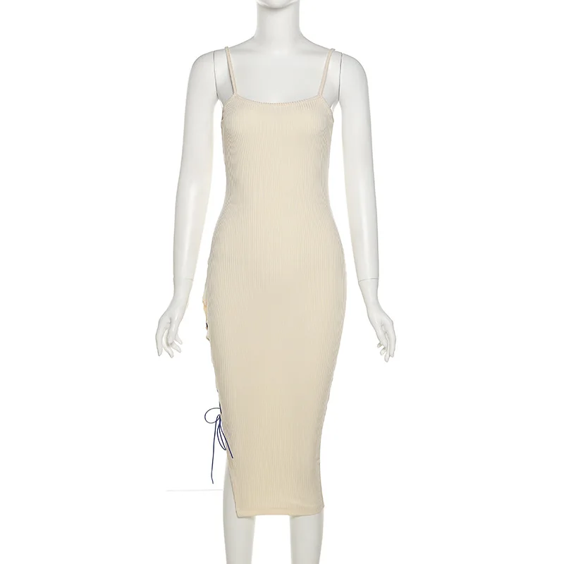 

Solid Color Fashion Suspender Dress Female Self-cultivation Sleeveless Knit Vacation Leisure Ladies Sexy High Slit Long Skirt