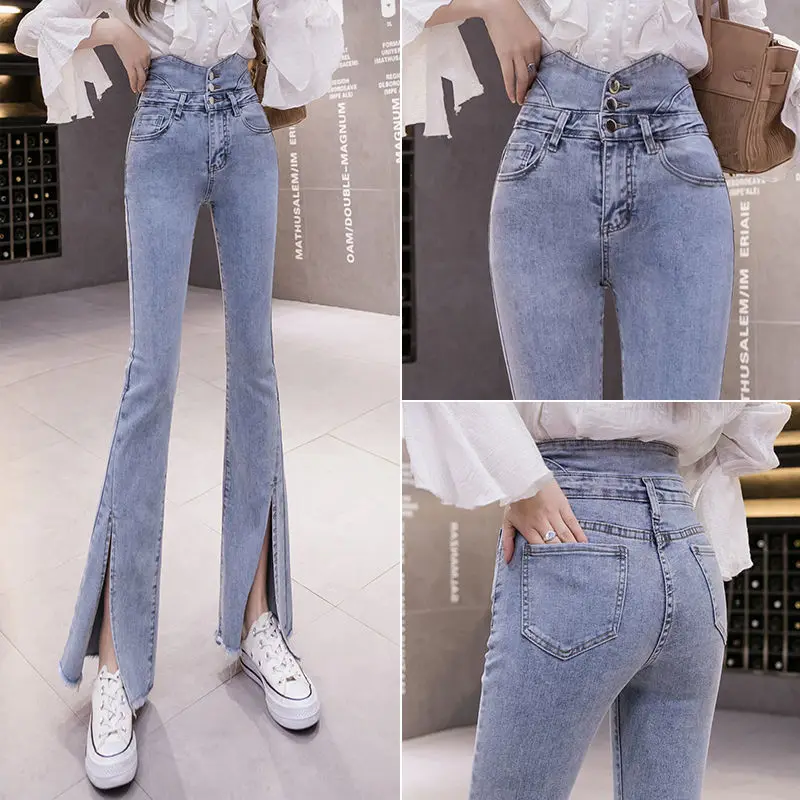 

Spring Autumn winter new European and American style high waist stretch horn jeans women, Slim long legs solid color jeans women