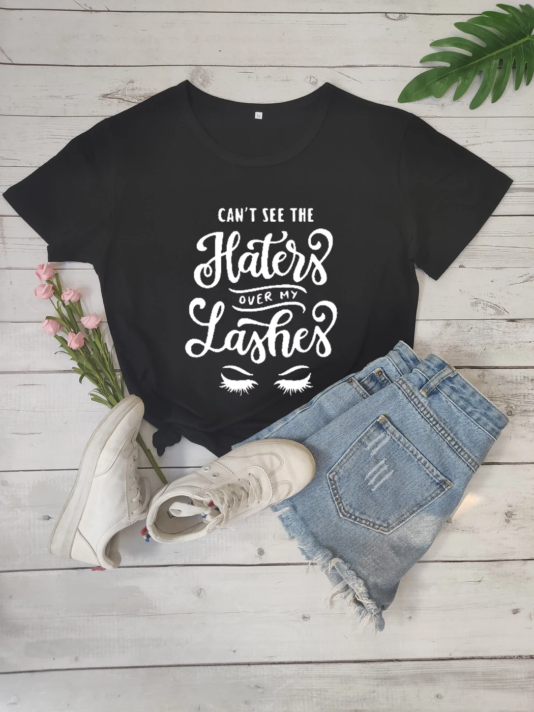 Black-white txt Cant See The Haters For My Lashes футболка для макияжа футболка для художника ресницы Забавный Графический Женский модный тройник лозунг tumblr Топы в готическом стиле - Цвет: Black-white txt
