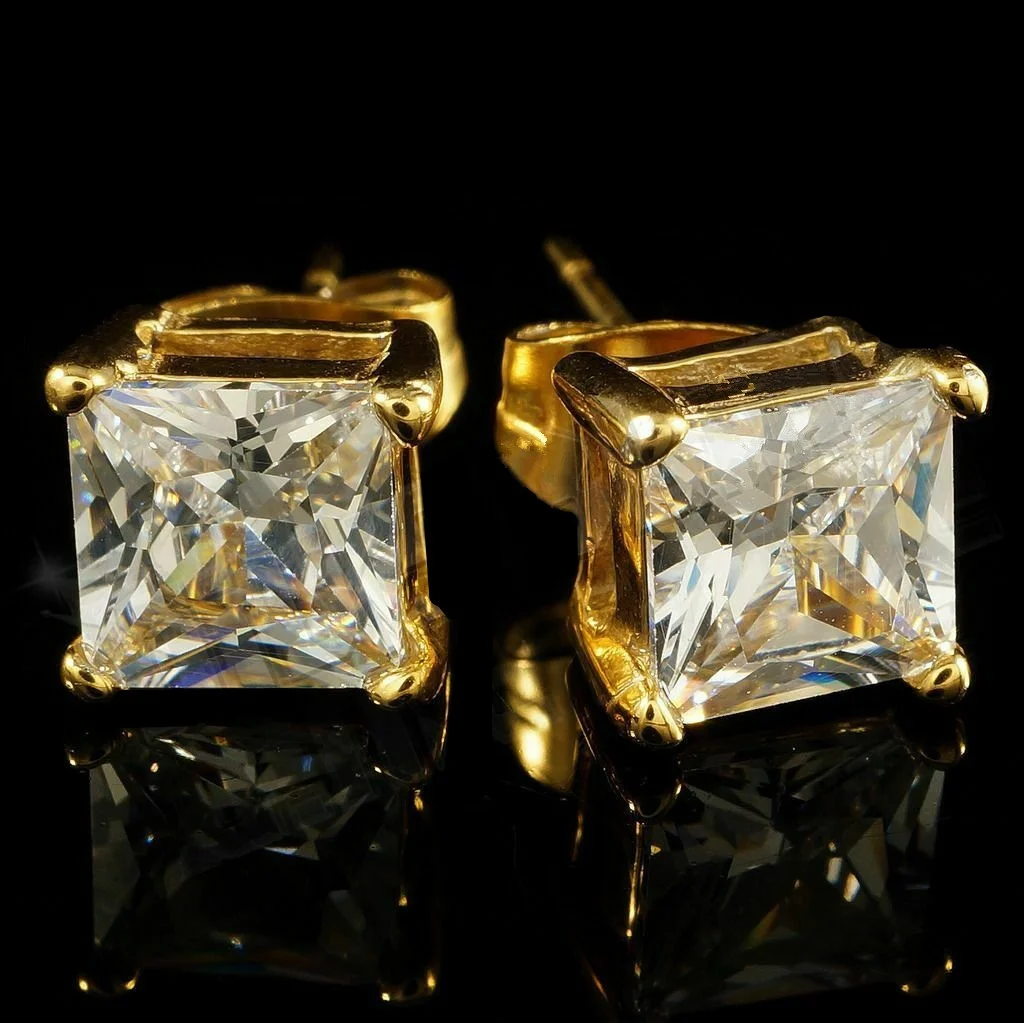 

Luxury Gold Plated Princess Cut Zircon Stud Earrings Sparkling Cocktail Party Crystal Earrings Bride Wedding Hip Hop Jewelry