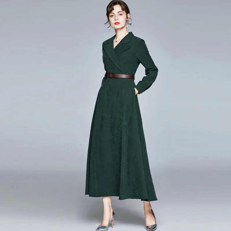 

2021 Fall /Winter Women's Dress Corduroy Suit Collar Belt Waist Slimming High-Looking Long Dress Elegant Ladies Commuter