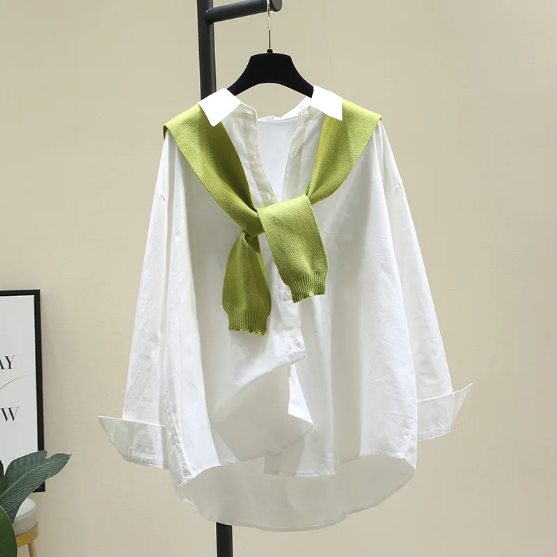 

SuperAen Two-piece Knitted Shawl White Shirts Autumn 2021 New Loose Casual Full Blouse Women Tops