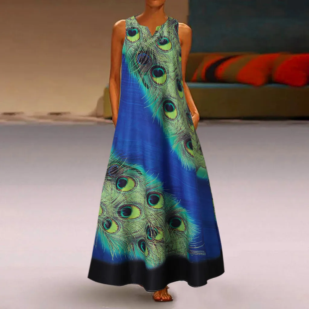 Sleeveless Dress Vetements Femme Peacock Feather Stylish Long Maxi Boho Women Summer Beach Plus Size | Женская одежда