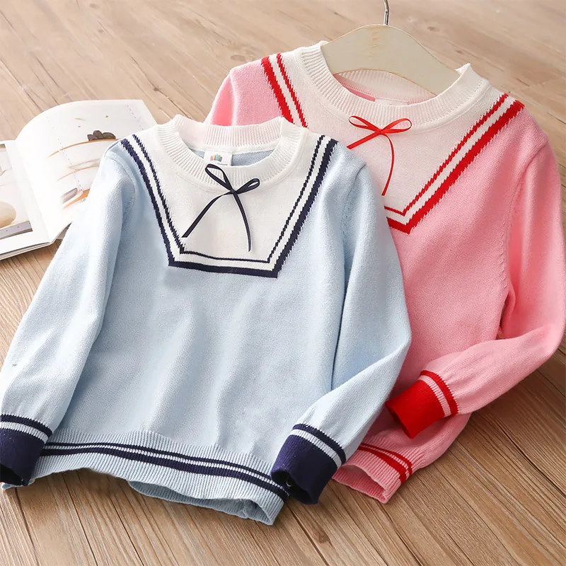 

2021 New Autumn Spring 2 3 4 5 6 7 8 10 Years Children O-Neck Knitted Pullover Bow Cotton Navy Style Sweater For Baby Kids Girls