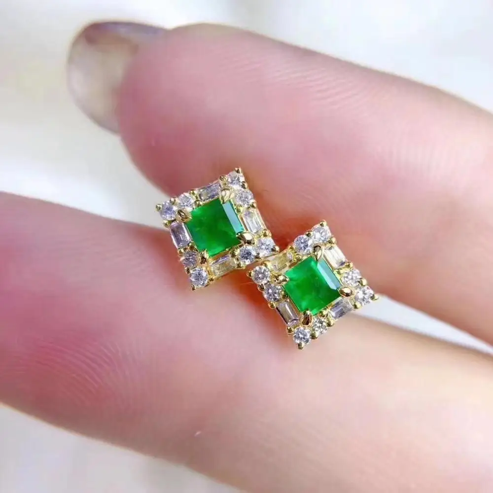 natural green emerald stud earrings Natural gemstone earrings Elegant Lovely small square  PillowS925 silver girl gift jewelry