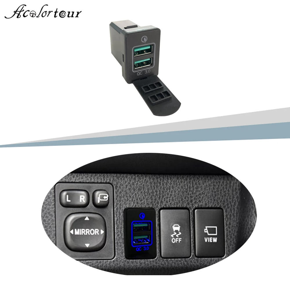 

Dual USB QC3.0 Quick Charger Blue Led Charging Socket Adapter For Toyota Camry Corolla Prado RAV4 Yaris Highlander Vios Reiz