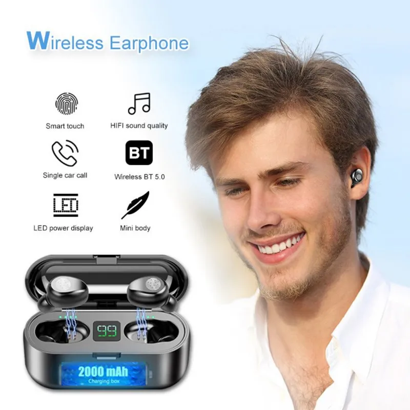 F9 TWS Wireless Bluetooth Earphone LED Display With 2000mAh Power Bank Headset V5.0 Earphones | Электроника