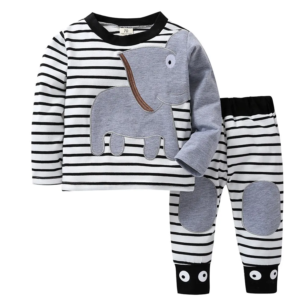 

TELOTUNY Children's clothing Newborn Baby Boys Girls Long Sleeve Striped Elephant Print T-Shirt Tops+Pants Trousers Set Jun23