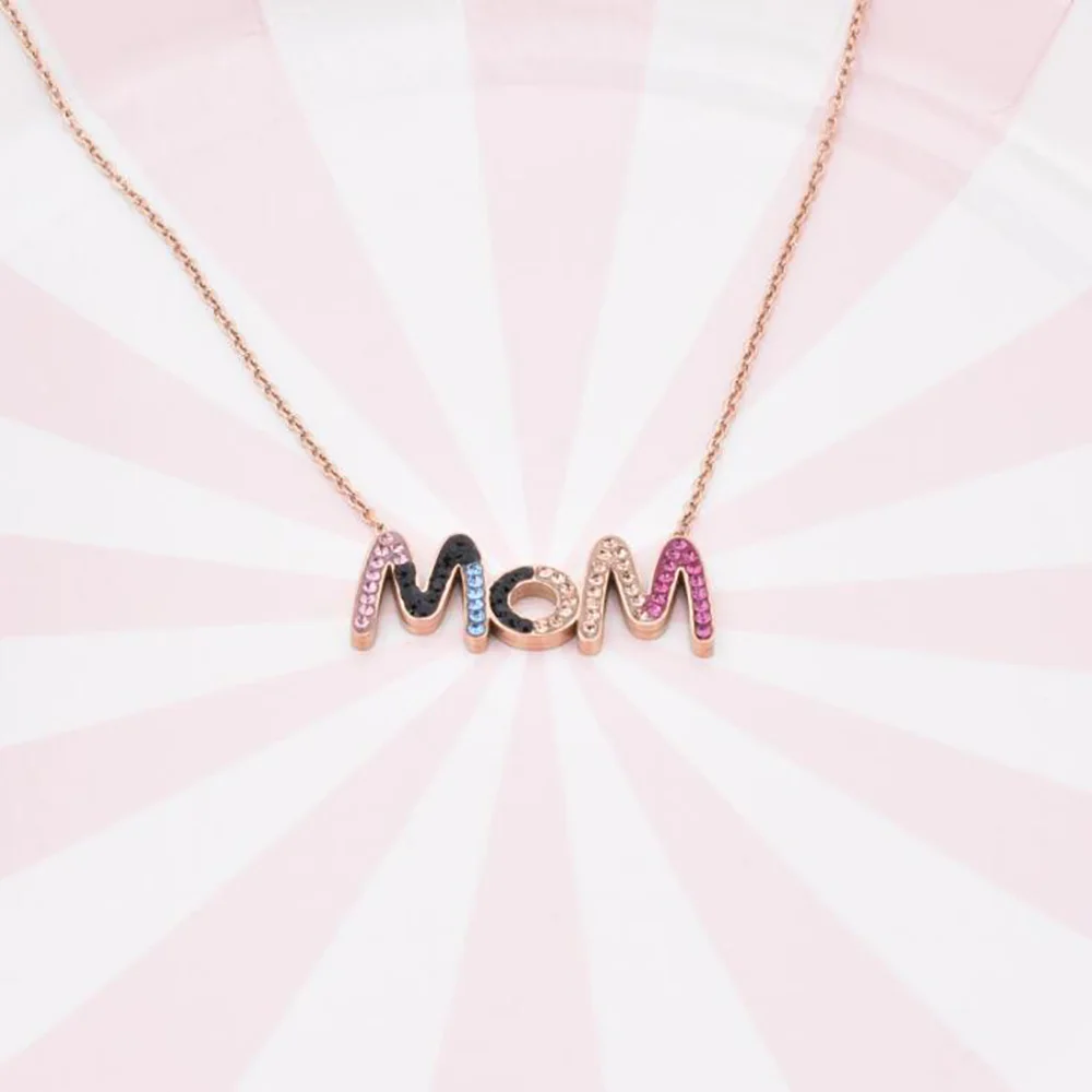 Stainless Steel Rose Gold Mother Days MOM Pendant Necklace Crystal Cz Stone Mom Minimalism Necklaces For Him | Украшения и