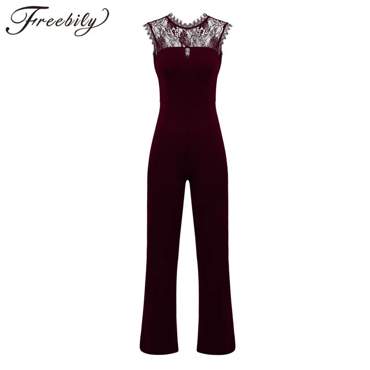 

Women's Ladies Gymnastic Trousers Lace Floral Sleeveless High Waisted Wide Leg Pants Rompers Formal Jumpsuit Elegant Dance Wear
