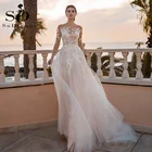 Soworthy розовое богемное свадебное платье трапециевидной формы с кружевной аппликацией с длинными рукавами свадебное платье с поясом свадебное платье