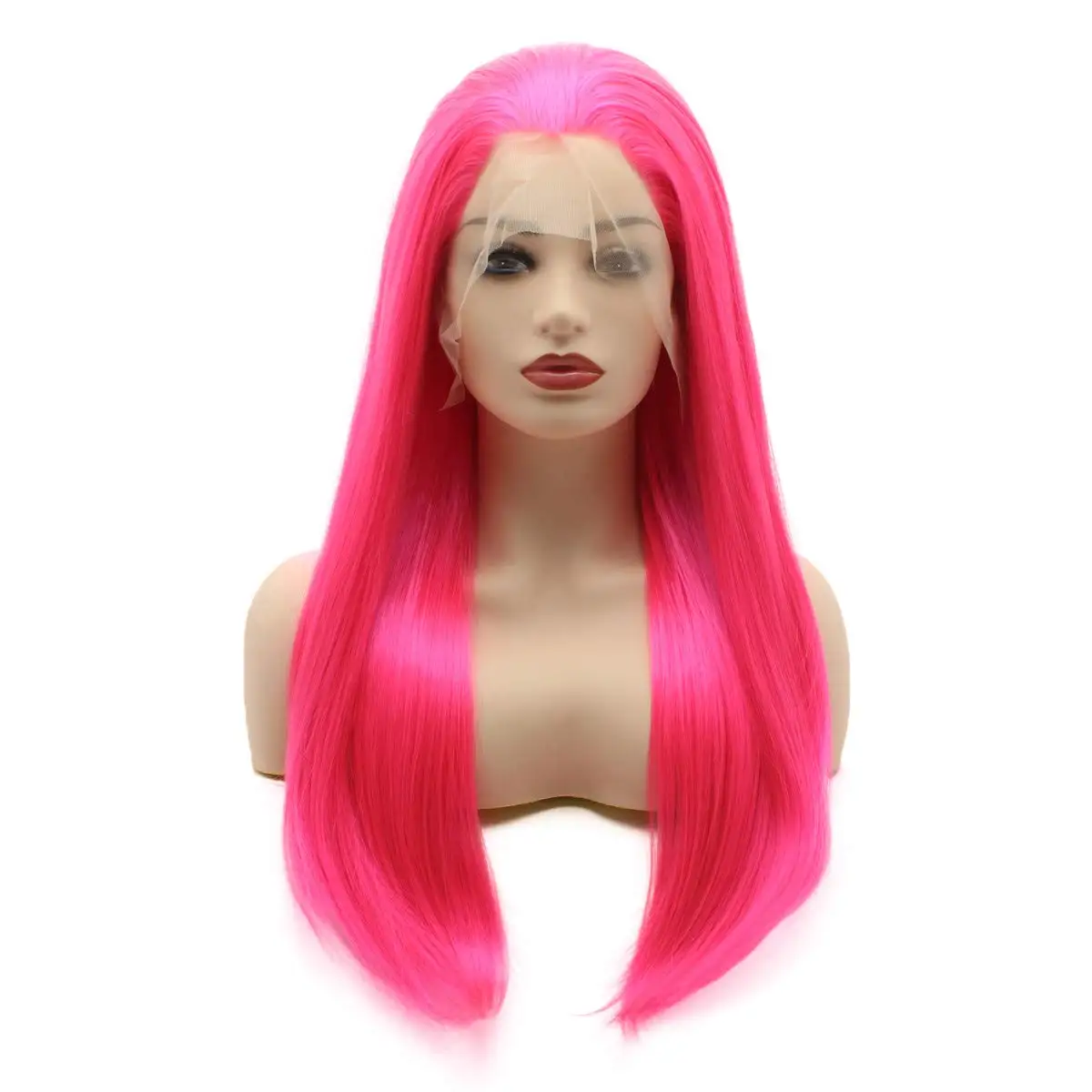 Jeelion Hair Straight Long 24inch Rose Red Half Hand Tied Realistic Synthetic Lace Front Wigs