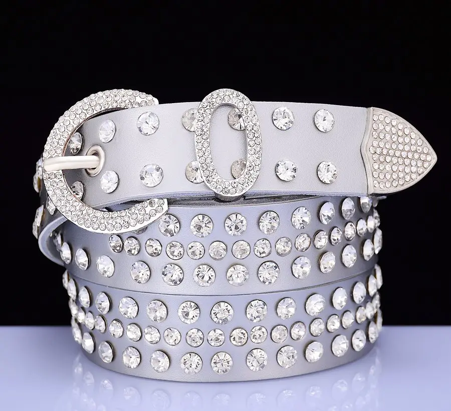 Fashion genuine leather rhinestone belts for women Luxury shining silver ring Pin Buckle belt female jeans strap width 2.8 cm
