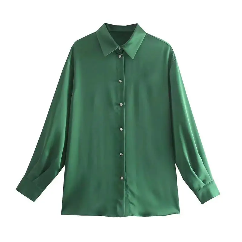 

ZXQJ Elegant Women Green Long Sleeves Satin Shirt 2021 Autumn Fashion Ladies Single Diamond Breasted Female Chic Solid Shirts