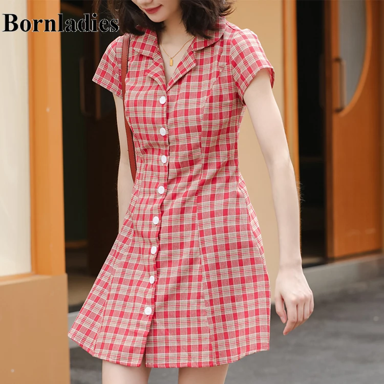 Женское летнее платье в клетку с коротким рукавом|Женские платья| |