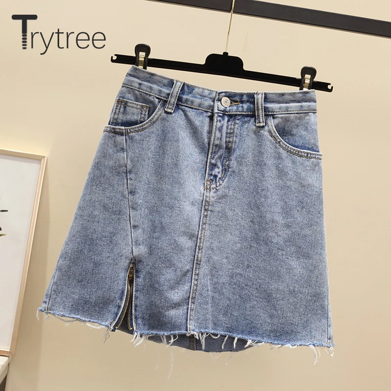

Trytree 2020 Summer Women Skirt Casual Button Pockets Hem Zipper Tassel Skirt Fashion A-line All-Purpose Style Cowboy Skirt