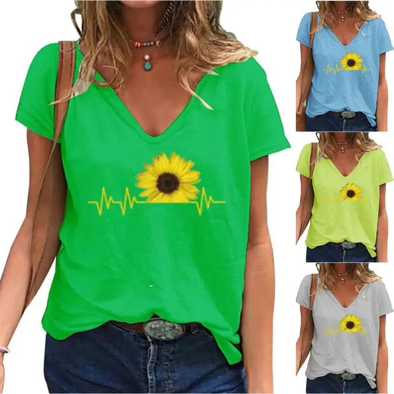 

Women Sunflower V Neck Baggy T-Shirt Blouse Summer Casual Short Sleeve Tee Tops