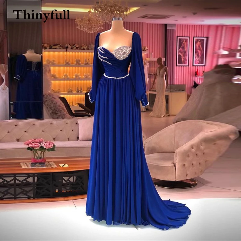 

Royal Blue Soarkly Long Sleeves Evening Dresses Mordern Sequines Bling Long Sleeve Sweetheart Prom Gowns Dress Robe De Mariee