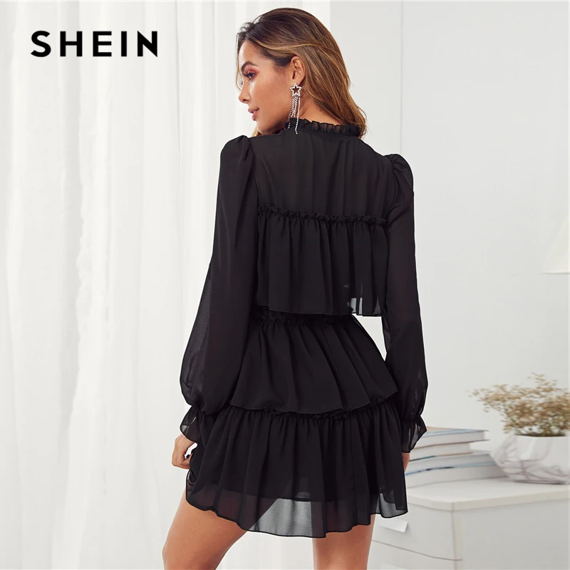 SHEIN черный оборка с завязками на шее с рюшами для девочек на вечеринки, цветок вечерние мини-платье Для женщин Осень Стенд воротник женские элегантные вечерние платья