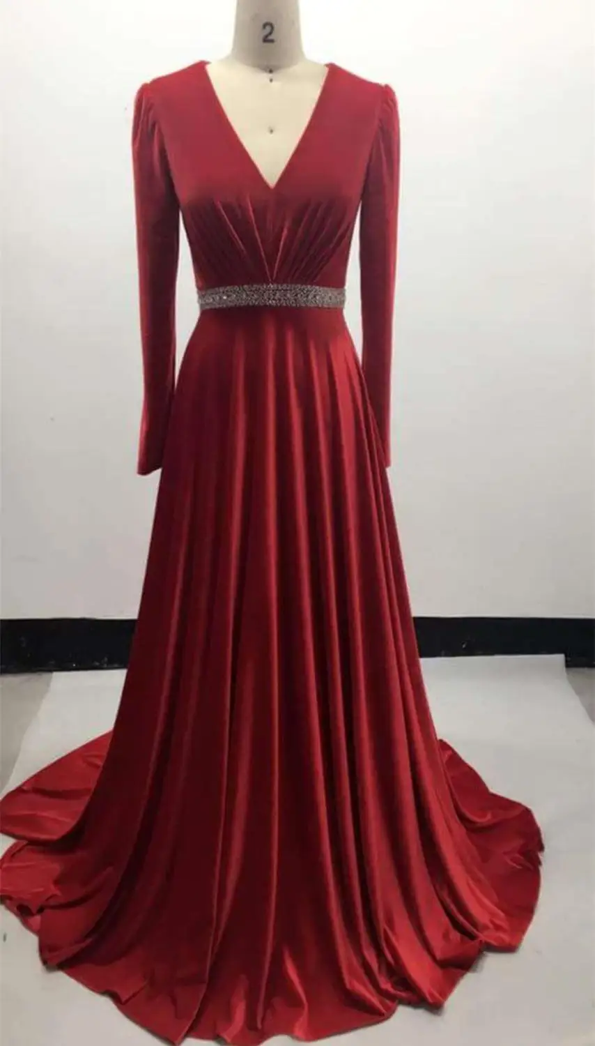 Женское длинное бархатное платье с V образным вырезом красное вечернее поясом из