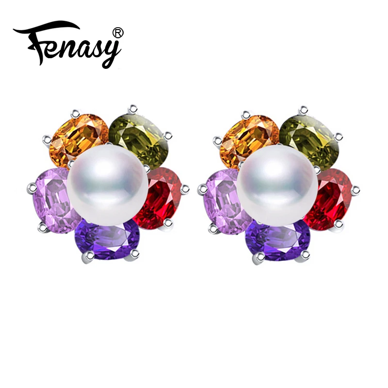 

FENASY Natural Freshwater Pearl Earrings For Women New Big 925 Sterling Silver Ruby Flower Stud Earrings