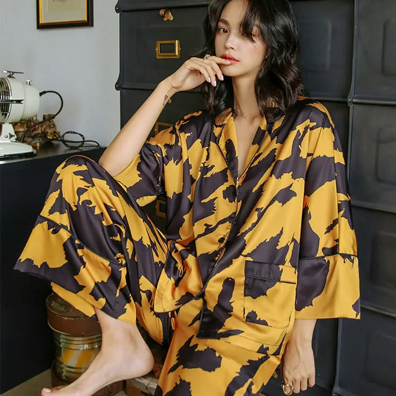 

QWEEK Satin Women's Pajamas Silk Sleepwear Autumn Pijama Animal Print Female Set Woman 2 Pieces Leopard Pyjamas Goth Loungewear