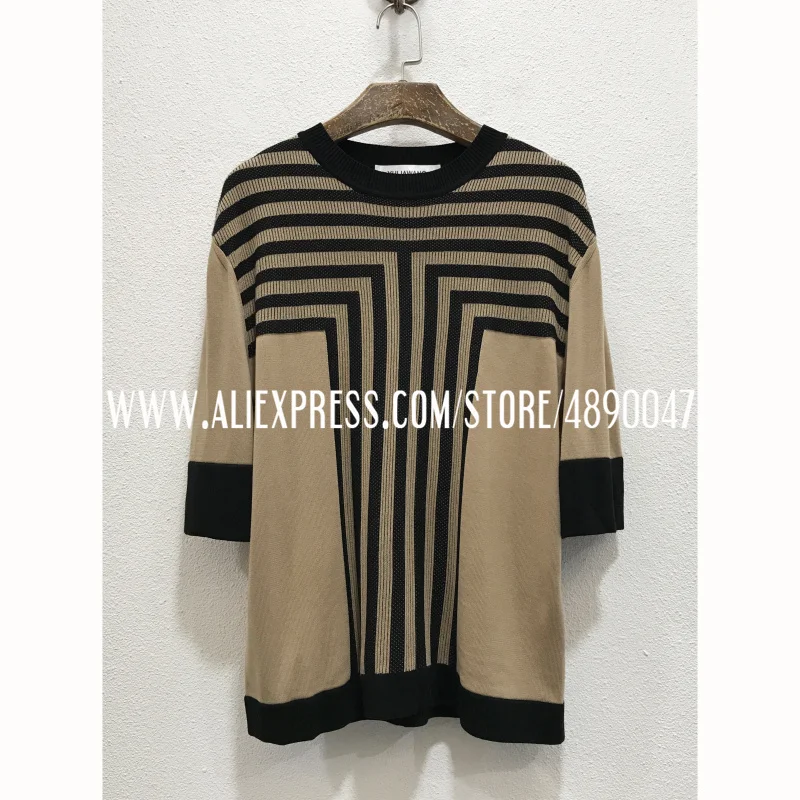 

Elegant retro temperament striped contrast silk cotton blend pullover short-sleeved thin and comfortable knit sweater top