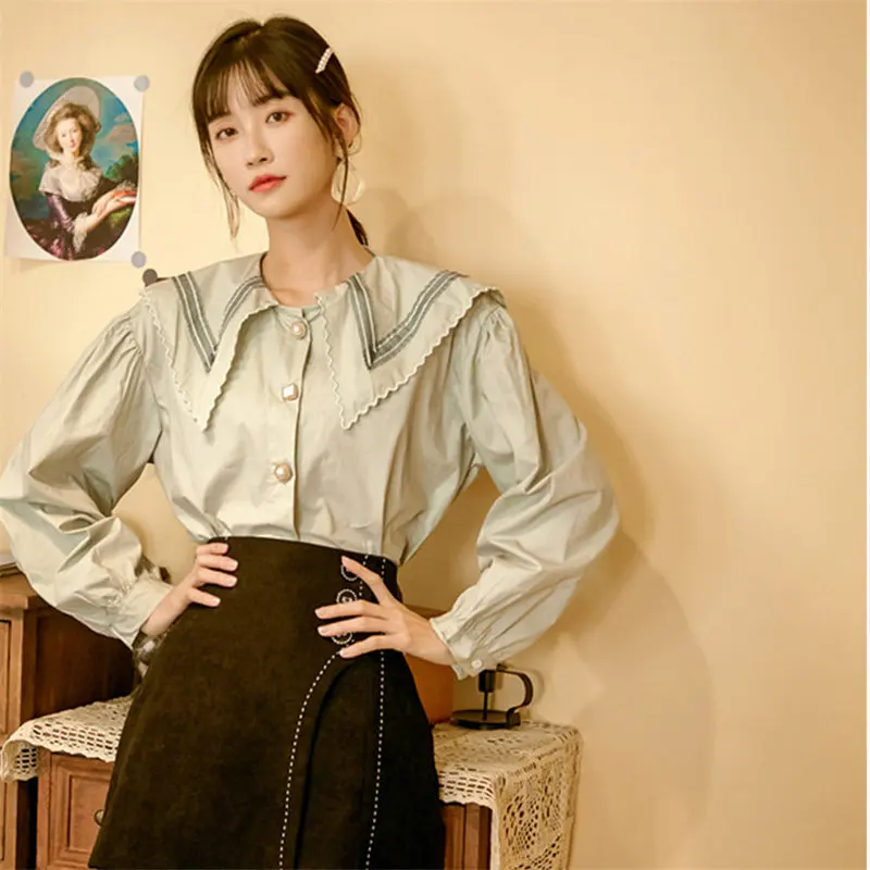 

HziriP New Arrival 2020 Green Elegant Women Loose Shirts Hot Sale Fresh Chic Plus Casual Sweet Office Lady Hot All Match Shirts