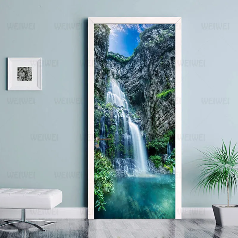 

3D Waterfalls Landscape Door Sticker Home Decor Living Room Dining Room PVC Self-Adhesive Waterproof Wall Decals Vinyl Wallpaper