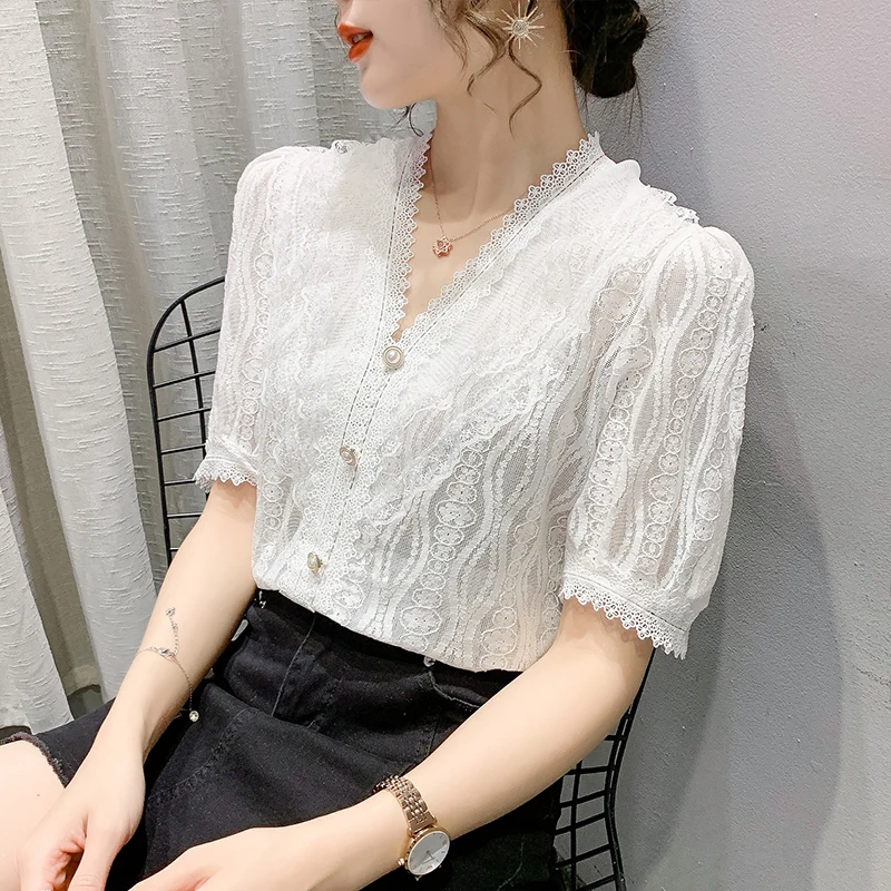 

COIGARSAM Short Sleeve blouse women Summer Lace blusas womens tops and blouses White Apricot 259