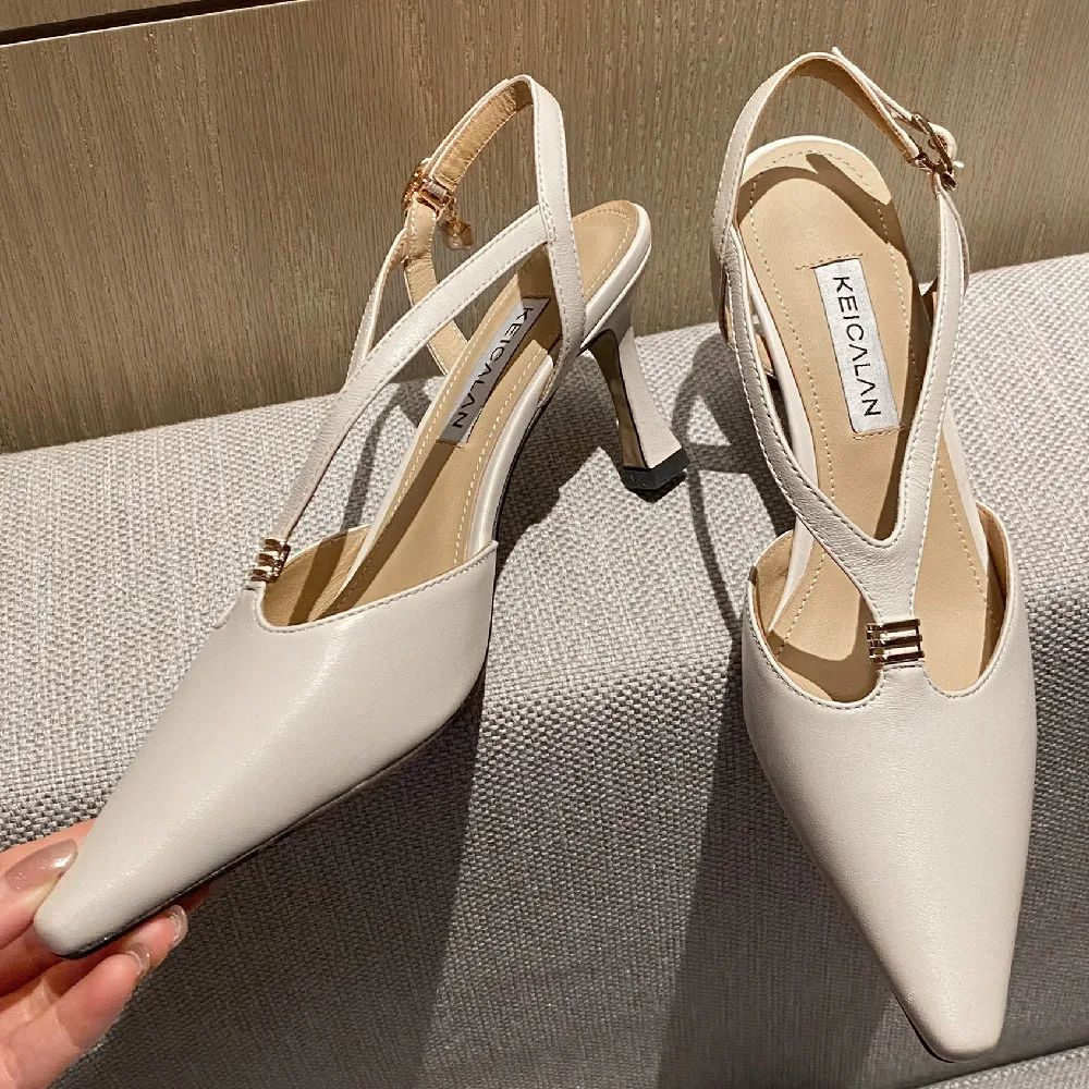 

Women's genuine leather thin high heel pointed toe t-strap sandals elegant ladies summer soft comfortable dress pumps shoes sale