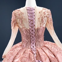 J67160 JANCEMBER Lotus Root Pink Evening Party Dress Round Neck Beaded Sequined Short Sleeves Tassel Lace Up Back Damit-panggabi