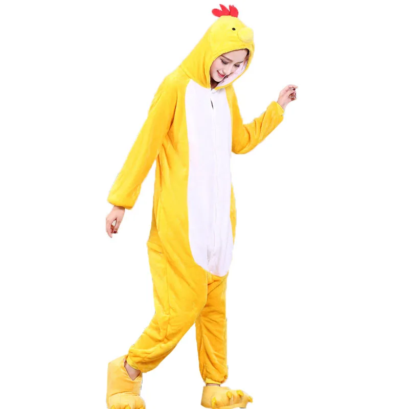 Pijama Unisex de manga larga para adultos, mono holgado con diseño de pollo, Kigurumis, de franela amarilla cálida, para fiesta