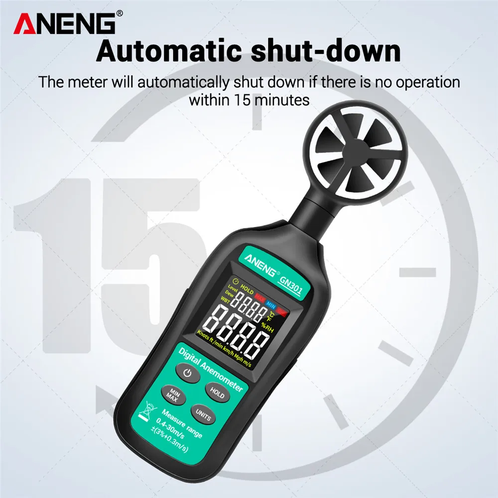 Digital Anemometer 0-30m/s Wind Speed Meter ANENG GN301 -10 ~ 45C Temperature Tester Anemometro with LCD Backlight Display | Инструменты